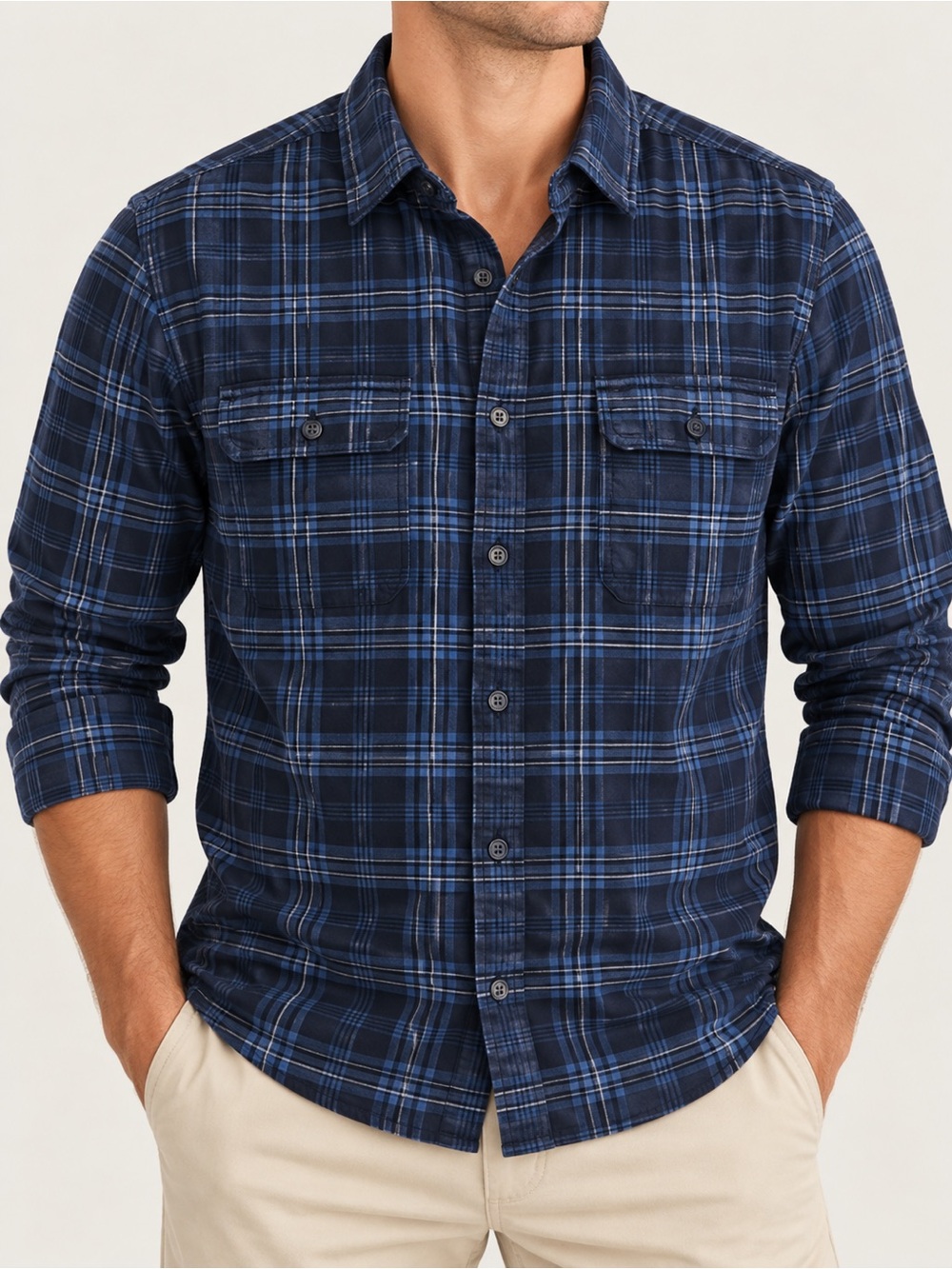 Men's Original Penguin Navy Blue Plaid Cotton Button-Down Shirt